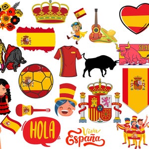 May include: A collection of colorful illustrations celebrating Spanish culture. The images include a bullfighter, a bull, a soccer ball, a crown, a guitar, a heart, a flag, a person wearing a traditional hat, and the words "Hola" and "Viva Espana".