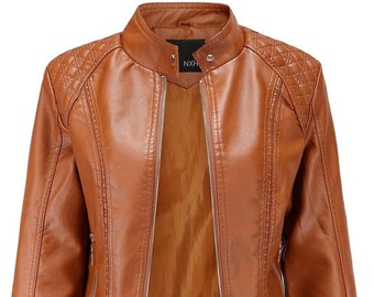 Women's Leather Jacket, Faux Leather Biker Jacket Leather Temperament Collar PU Leather (brown,Medium