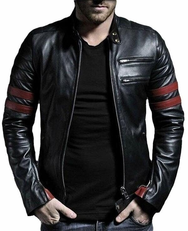 Mens red and top black leather jacket