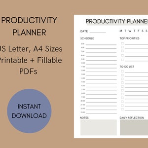 Productivity Planner | Schedule Routine I Hourly Planner I Daily Planner| Daily Schedule | To-Do List | Fillable PDF | Printables