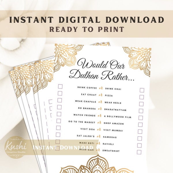 Indian Wedding Game | Desi Bridal Shower | Printable Dulhan Would Rather | Instant Download 5x7 PDF | Indian Bridal | Bachelorette Party