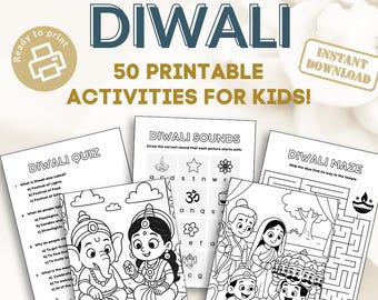 Diwali Aktivitätsbuch für Kinder | Digital Druckbare | 50 druckbare Seiten zum Ausmalen, Rätseln & Geschichten | PDF-Download