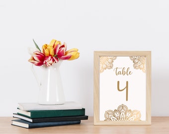 Gold Table Numbers | Print at Home | Wedding Table Numbers | INSTANT Download | 4x6 & 5x7 PDF's | Party Indian Bollywood Mandala Sign