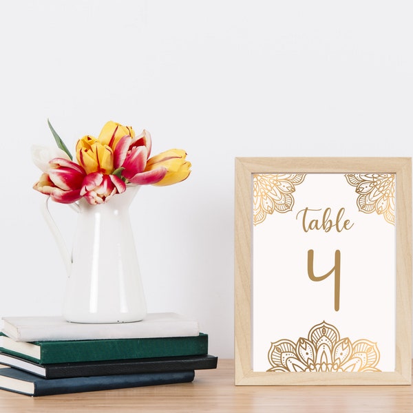 Gold Table Numbers | Print at Home | Wedding Table Numbers | INSTANT Download | 4x6 & 5x7 PDF's | Party Indian Bollywood Mandala Sign