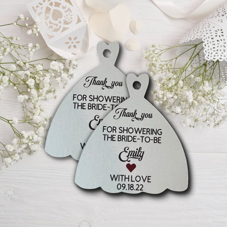 Printed Bridal Shower Favors Tags Custom Gift Bag Tags Wedding Dress Shaped image 6