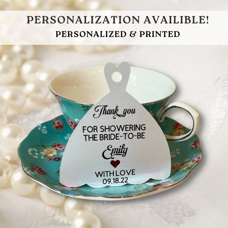 Printed Bridal Shower Favors Tags Custom Gift Bag Tags Wedding Dress Shaped image 3