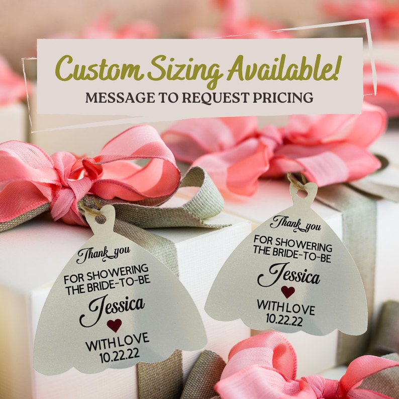 Printed Bridal Shower Favors Tags Custom Gift Bag Tags Wedding Dress Shaped image 5