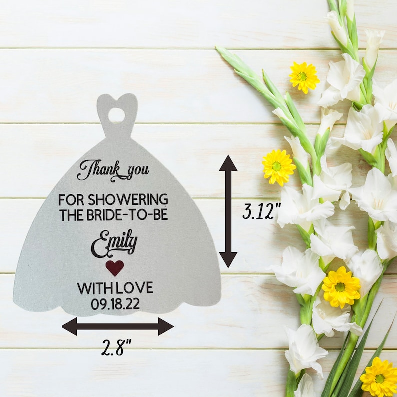 Printed Bridal Shower Favors Tags Custom Gift Bag Tags Wedding Dress Shaped image 7