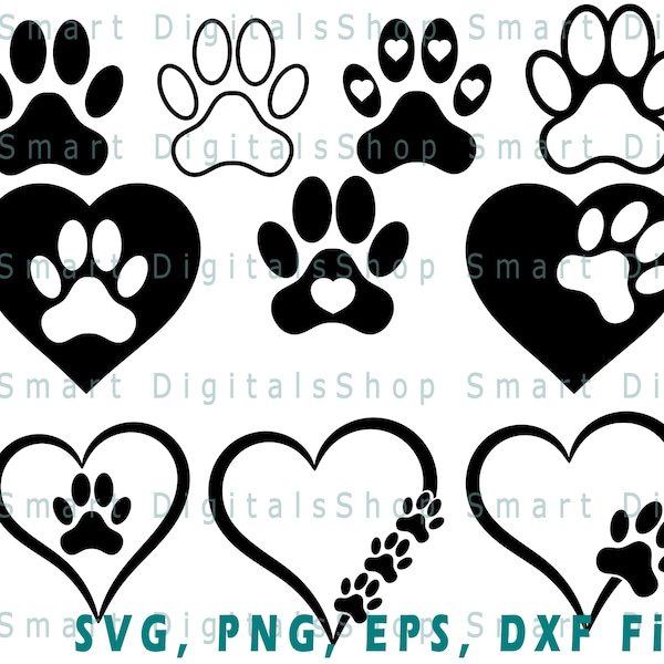 Paw  Print Svg, Dog Svg, Paw SVG, Heart and Paw print svg, Bundle, Dog Paw Print, Paw Print, Animal Print,  Cut Files for Cricut, Silhouette