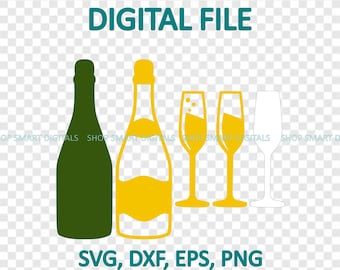 Champán y copas svg / Celebración svg / Año Nuevo svg / NYE svg/ Descargar para Cricut, Silhouette, Glowforge / svg png dxf eps