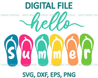 Hello Summer Flip Flops SVG / Summer sign Cut File clipart / Descargar para Cricut, Silhouette, Glowforge / svg png dxf / Uso comercial