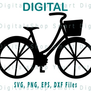 以下が含まれることがあります： 前輪の上にバスケットが付いた自転車の黒いシルエット。「DIGITAL」の文字が自転車の上にあり、「SVG、PNG、EPS、DXF Files」が下にあります。