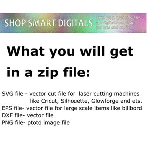 Pu&ograve; includere: Testo che recita "SHOP SMART DIGITALS" in uno striscione colorato. Sotto lo striscione, il testo recita "Cosa otterrai in un file zip:" seguito da un elenco di tipi di file e le loro descrizioni: "File SVG - file di taglio vettoriale per macchine da taglio laser come Cricut, Silhouette, Glowforge e altri." "File EPS - file vettoriale per articoli su larga scala come cartelloni pubblicitari" "File DXF - file vettoriale" "File PNG - file immagine fotografica"