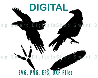 May include: Black silhouette of a crow with its wings spread, a crow with its wings folded, a crow's footprint, and a crow's feather. The text "DIGITAL" is at the top of the image. The text "SVG, PNG, EPS, DXF Files" is at the bottom of the image.