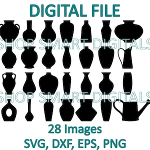 Op de afbeelding: Zwarte silhouet afbeeldingen van diverse vazen, kannen en een gieter. De tekst "DIGITAL FILE" staat bovenaan, met herhaald "SHOP SMART DIGITALS". De tekst onderaan luidt "28 Images SVG, DXF, EPS, PNG".