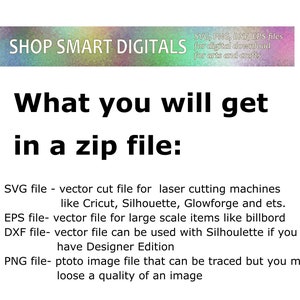 Pu&ograve; includere: Testo su uno sfondo colorato che dice "SHOP SMART DIGITALS" con lo slogan "SVG, PNG, DXF, EPS files for digital download for arts and crafts". Sotto il testo, dice "What you will get in a zip file:" e elenca i diversi tipi di file inclusi nel download: SVG, EPS, DXF e PNG.