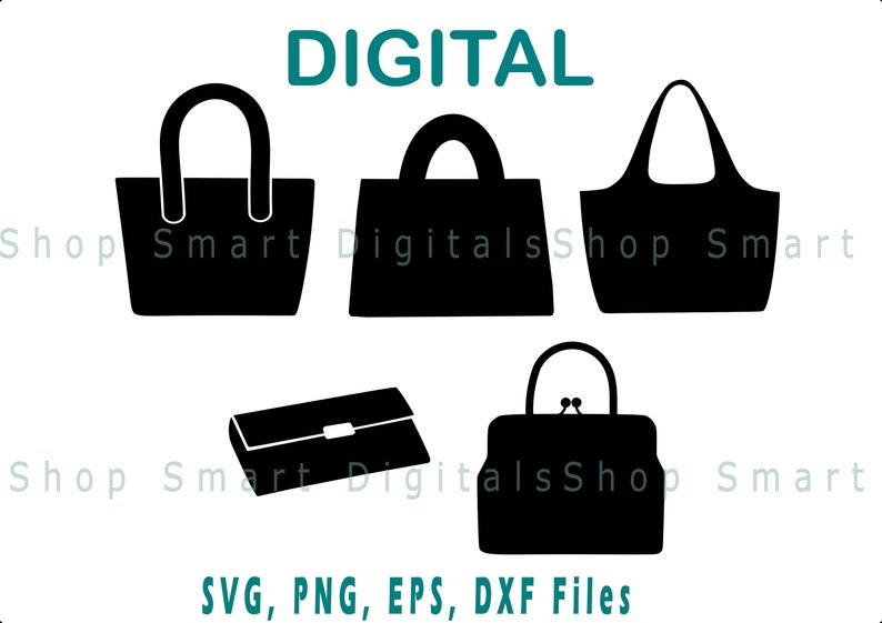 Pu&ograve; includere: Cinque immagini in silhouette nera di diversi stili di borse a mano. Le immagini sono disposte in fila. Il testo "DIGITAL" &egrave; nella parte superiore dell'immagine. Il testo "SVG, PNG, EPS, DXF Files" &egrave; nella parte inferiore dell'immagine.
