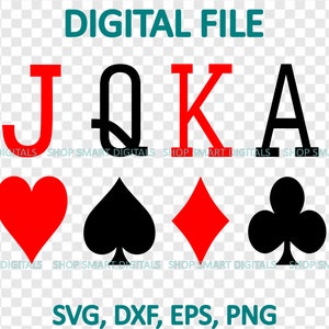 May include: Digital file download of four playing card suits: hearts, spades, diamonds, and clubs. The suits are in black and red, with the letters J, Q, K, and A in red and black.