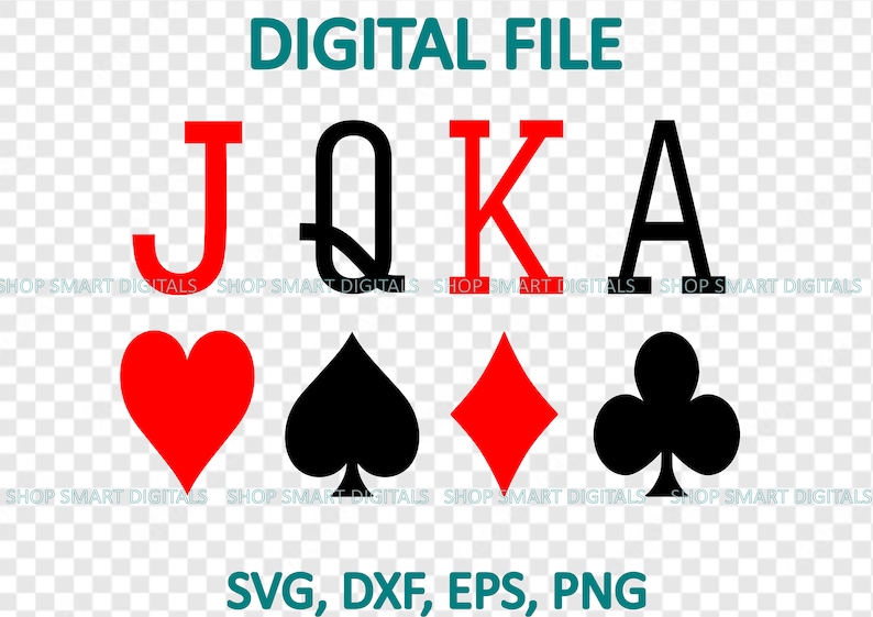 May include: Digital file download of four playing card suits: hearts, spades, diamonds, and clubs. The suits are in black and red, with the letters J, Q, K, and A in red and black.