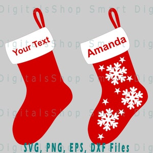 May include: Two red Christmas stockings with white cuffs. One stocking has the text "Your Text" and the other has the name "Amanda". The second stocking is decorated with white snowflakes and stars.