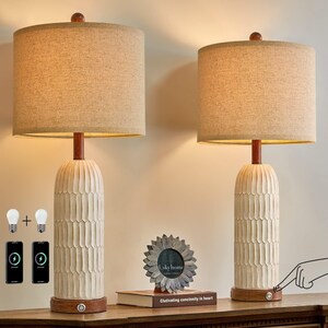 Set of 2 Modern Farmhouse Bedside Lamps with 3-Way Dimmable Touch Control and Dual USB Charging Ports for Bedroom and Living Room