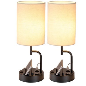 Effortless Charging & Style: 2-Pack Modern Table Lamps with 3 USB Ports, AC Outlet, and Phone Stands - Ideal for Any Room!