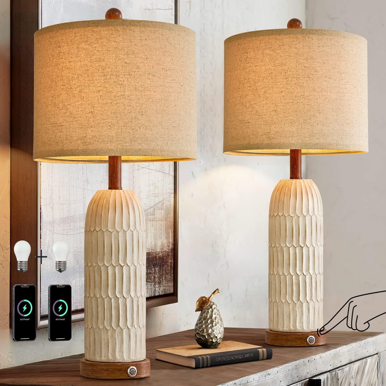 Set of 2 Modern Farmhouse Bedside Lamps With 3way Dimmable Touch