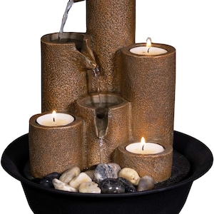 Corporation Tiered Column Tabletop Fountain with 3 Candles, Mini Waterfall for Indoor Spaces 11" Tall, Relaxation Water Feature, Brown