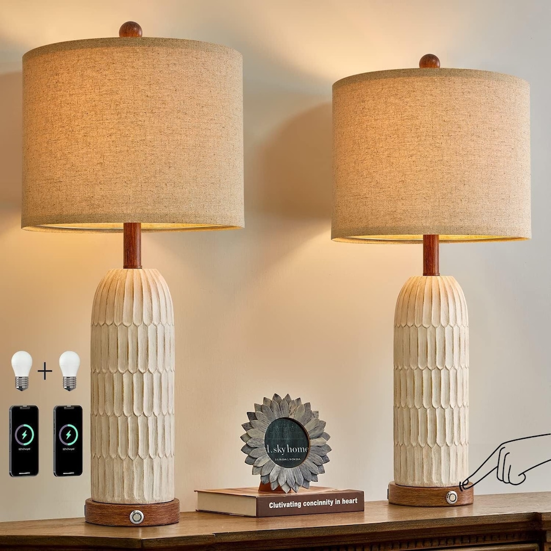 Set of 2 Modern Farmhouse Bedside Lamps With 3way Dimmable Touch