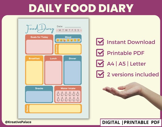 Printable Daily Food Diary: Minimalist Diet Tracker Food Log - Etsy