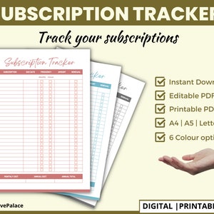 Monthly/Annually Editable Subscription Tracker: Expense Tracker, Bill Tracker, Personal Budget, Medications Subscriptions, TV Subscriptions