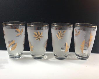 Libbey Gold Leaf Frosted Glasses Set of 4, MCM Barware (10 oz)