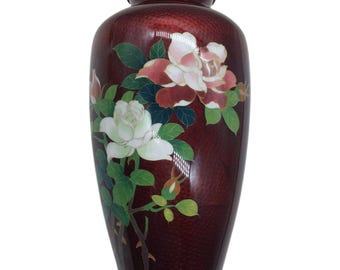 Vintage Floral Cloisonné 7.25" Vase Pigeon Blood Red Imbedded Bird Bamboo Japan
