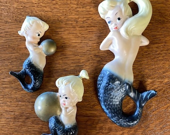 Mermaids Set of 3 Vintage Wall Plaques Chalk Ware