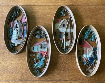 Burwood Oval Plaques Set USA Cottage Well Water Wheel Covered Bridge Stable Vintage