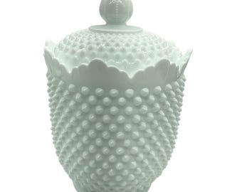 Vintage Fenton White Hobnail Milk Glass Lidded 11" Jar With Scalloped Edge Cottage Core