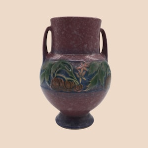 Vintage Roseville Art Pottery Pink Purple Baneda Vase 589-6 Pumpkins Hard to Find Unique Gift Country Cottage Collector