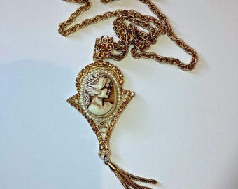 Vintage Cameo Rhinestone Rope Chain Necklace Earring Demi-Parure Set Filigree
