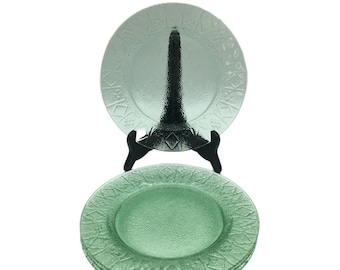 Textured Green Glass Set 4 Plates Geometric Diamond Rim Cottage Core