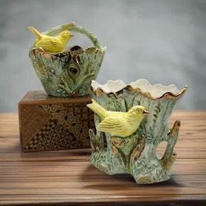 Vintage UCAGCO China Planter Set Yellow Bird Vase Pair Japan 1950s Cottage Core