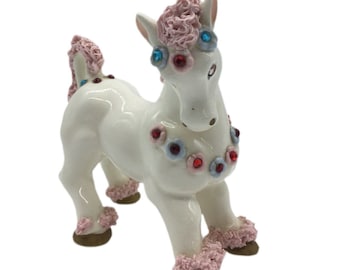 Vintage 1950's Spaghetti Horse White Ceramic Pink Spaghetti Detailed Rhinestones