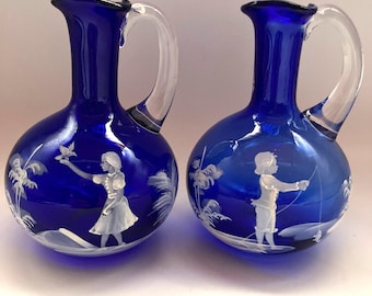 Mary Gregory Lot 2 Cruets Cobalt Blue Glass Girl Holding Bird & Boy Fishing VTG