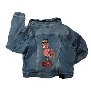 Embroidered Jean Jacket Child Size Large, Back To School Original Embroidered Design, One of a Kind Hand Embroidery, OOAK, Unique Gift
