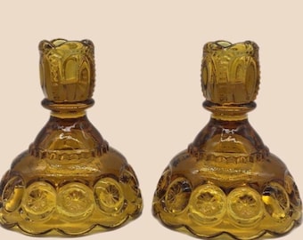 Vintage LE Smith Moon & Stars Pattern Amber Glass Candle Stick Holders Set of 2