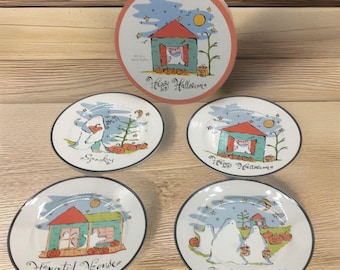 Rosanna Halloween 8" Plates Set of 4 Original Box Ghosts Haunted Houses Spooky
