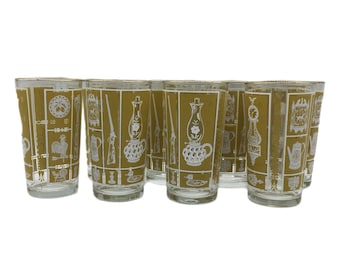Colonial Early American Style Drink Ware Set 8 Graphic Tumblers Vintage Glasses