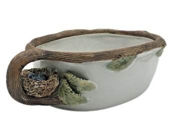 Art Pottery Ceramic Serving Bowl Oval Nest Eggs Branch Handle Cottage Core Easter Spring VTG Nature Themed