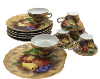 Vintage Porcelain Tea Set: Hand-Painted Fruit Design, 6 Luncheon Plates