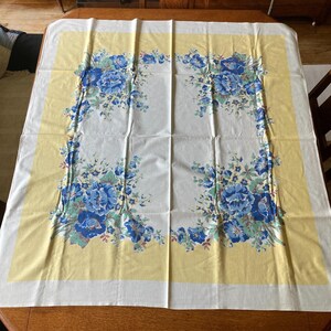 Vintage Table Cloth 51x47 Blue Roses or Peonies Design Cottage Core Yellow Trim