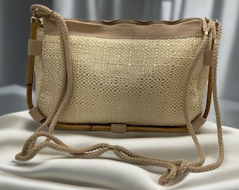 Vintage Delill Woven Raffia & Bamboo Handbag Purse Made Italy Shoulder Bag Lined